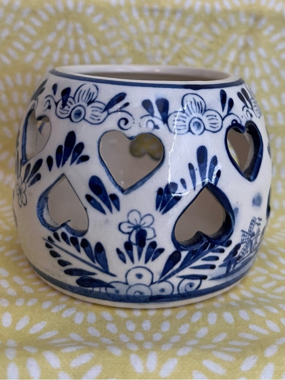 Blue and White Heart Cutout Ceramic Candle Holder
